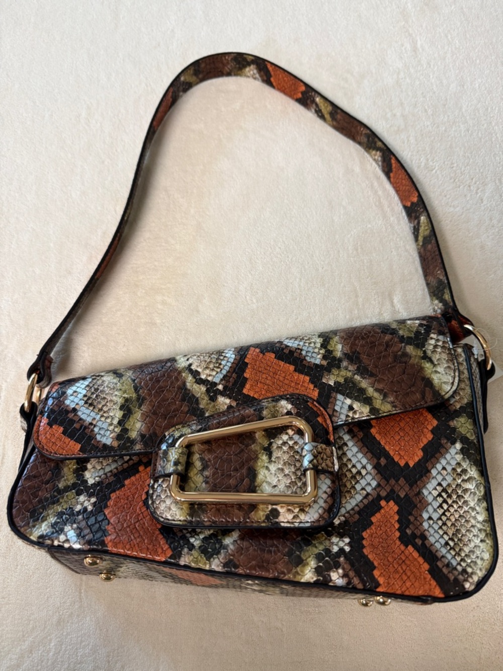 Snake-Print Shoulder Bag in Brown and Orange